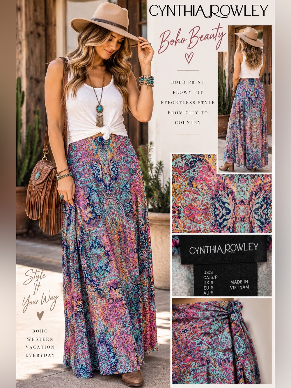 Cynthia Rowley S Boho Paisley Maxi Skirt Multicolor Pull On